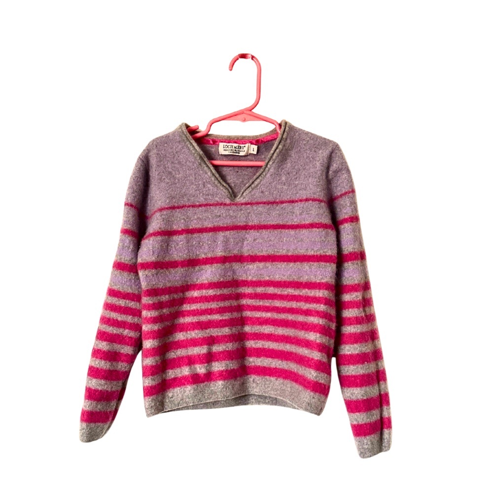 InCashmere Kids V-Neck Sweater in Pink and Gray Stripes Size 8